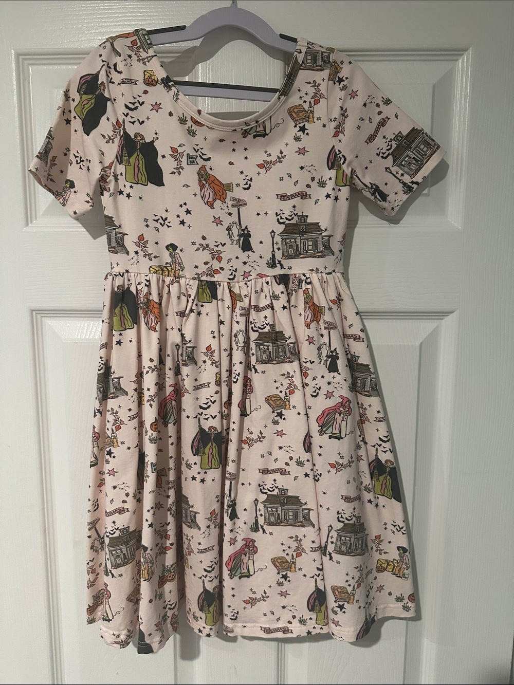 Girls' Light Pink Hocus Pocus Halloween Storybook Print Short Sleeve Dress